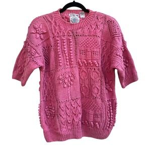 Cape Isle Knitters Short Sleeve Sweater Womens S Pink Hand Popcorn Knit Ramie
